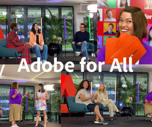 Christina Vaughan - Founder and CEO of Cultura Creative, takes part in an 'Adobe for All' event. The image is a montage of shots from an event. Christina is in a shot at the bottom right and she is being interviewed on a stage.