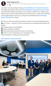 Screenshot of Vicky Peakman's LinkedIn post about the recent CIPD event in Scotland focusing on the EDI backlash, where she was a speaker.